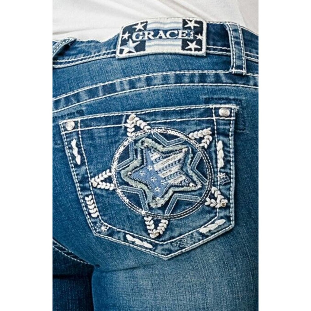 Grace in LA Women's Western Star USA Flag Embroidered Bootcut Stretch Jeans